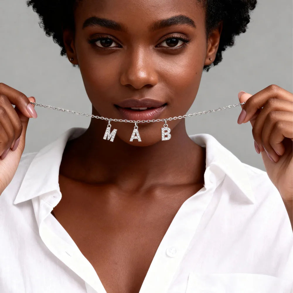 Customized Name With Initial Necklace for Women Mom, Charms Pave Letter Pendant, Stainless Steel Chain Link Adjustable