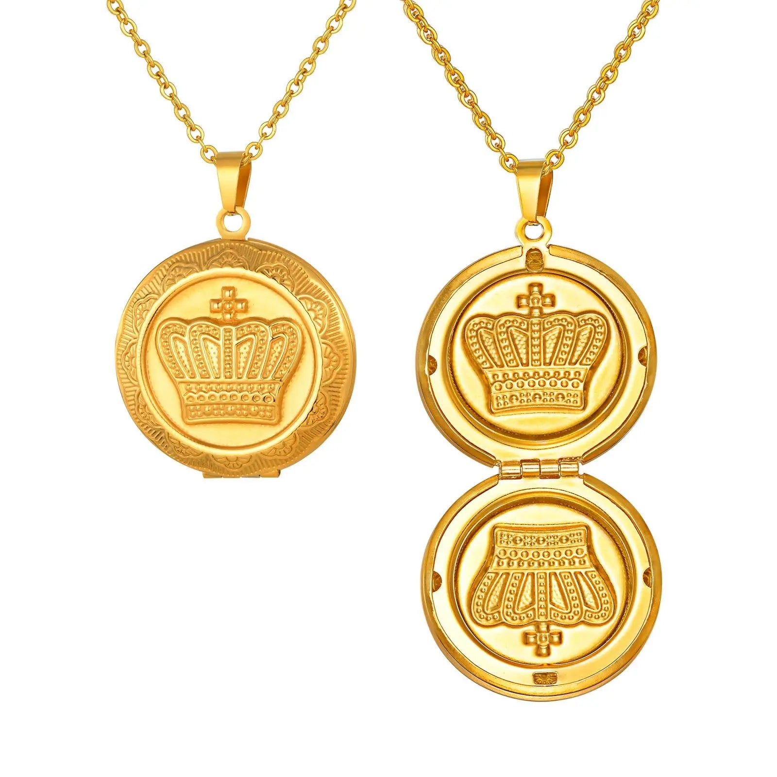 Vnox Free Custom Photo Crown Necklaces, Stainless Steel Round Holds Image Picture Pendant, Family Memorial Locket Jewelry Gifts