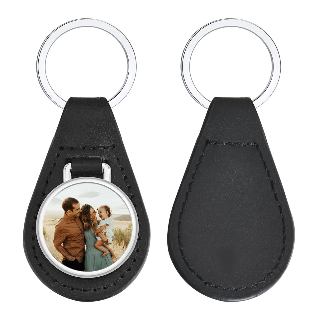 Vnox Custom Fathers Day Gift for Dad Grandpa, Black PU Leather Keychains with Custimized Photo Image Metal Plate Key Chain