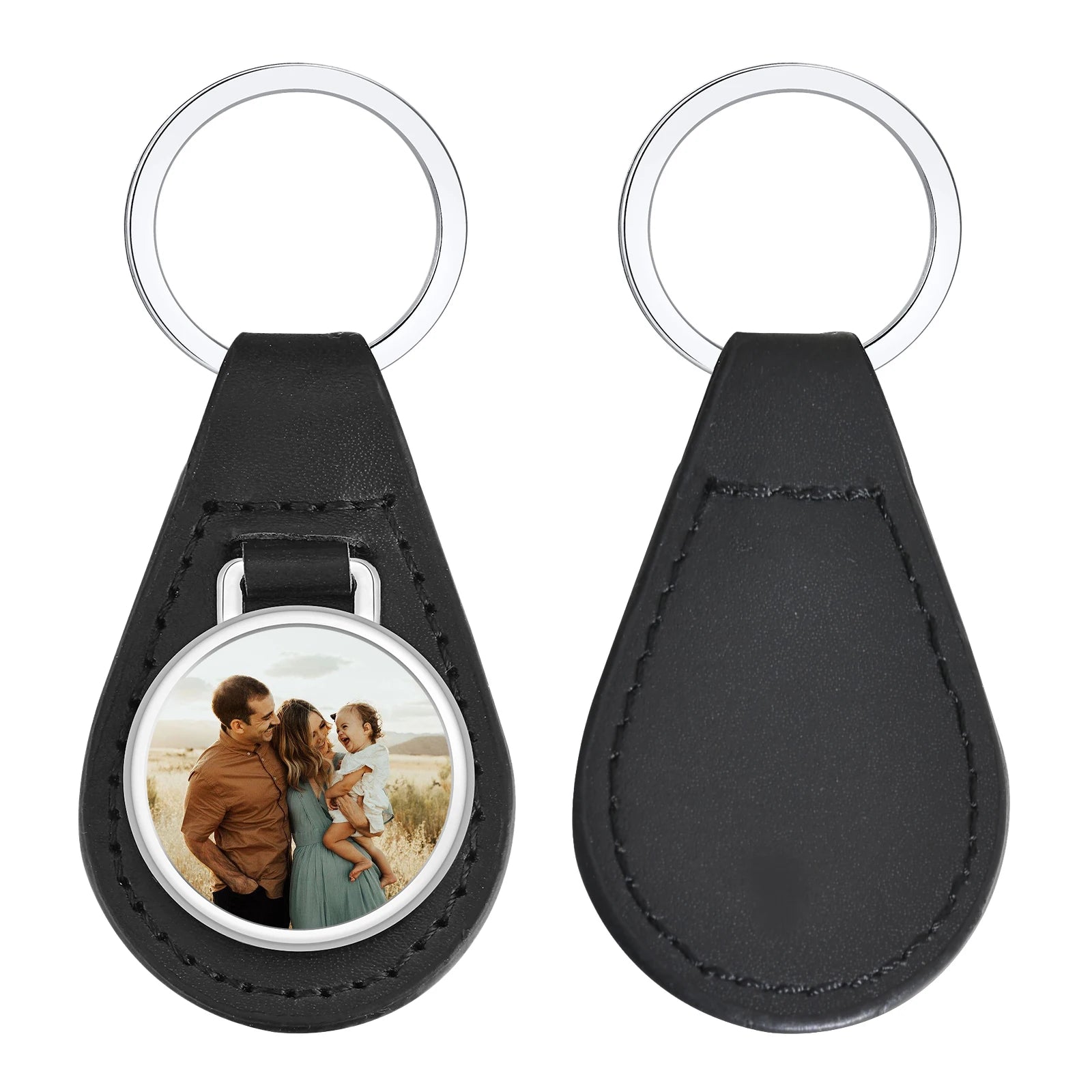 Vnox Custom Fathers Day Gift for Dad Grandpa, Black PU Leather Keychains with Custimized Photo Image Metal Plate Key Chain