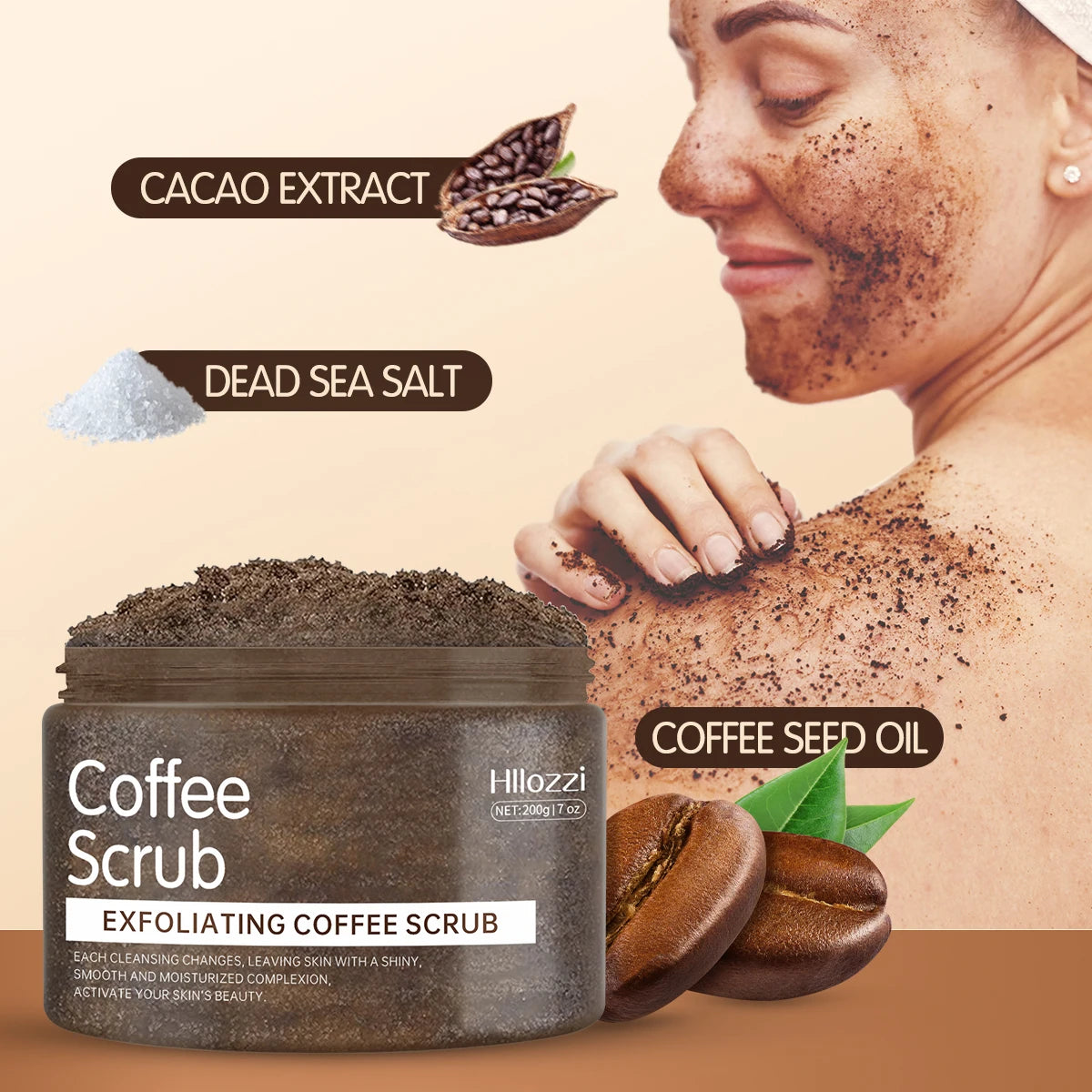Hllozzi 200g coffee body scrub deep cleansing exfoliating cocoa plant squalane moisturizing