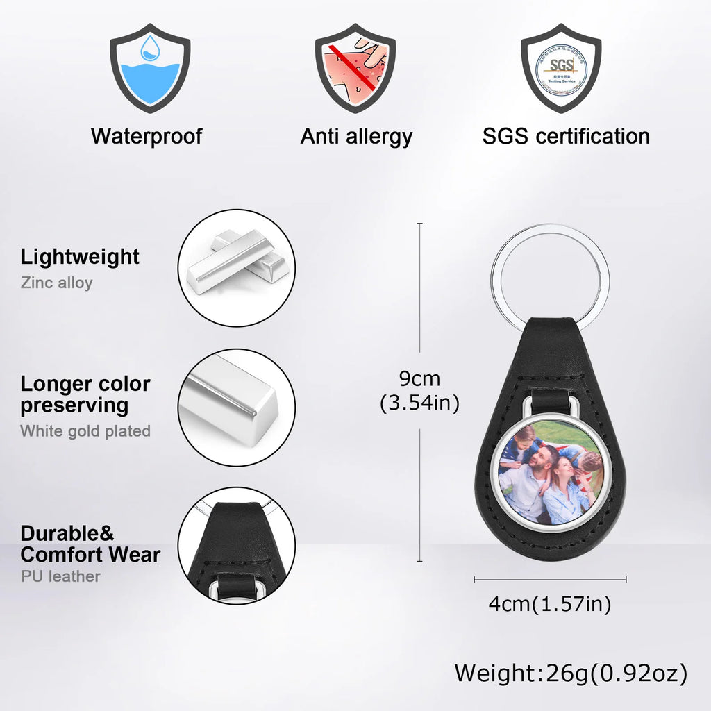 Vnox Custom Fathers Day Gift for Dad Grandpa, Black PU Leather Keychains with Custimized Photo Image Metal Plate Key Chain