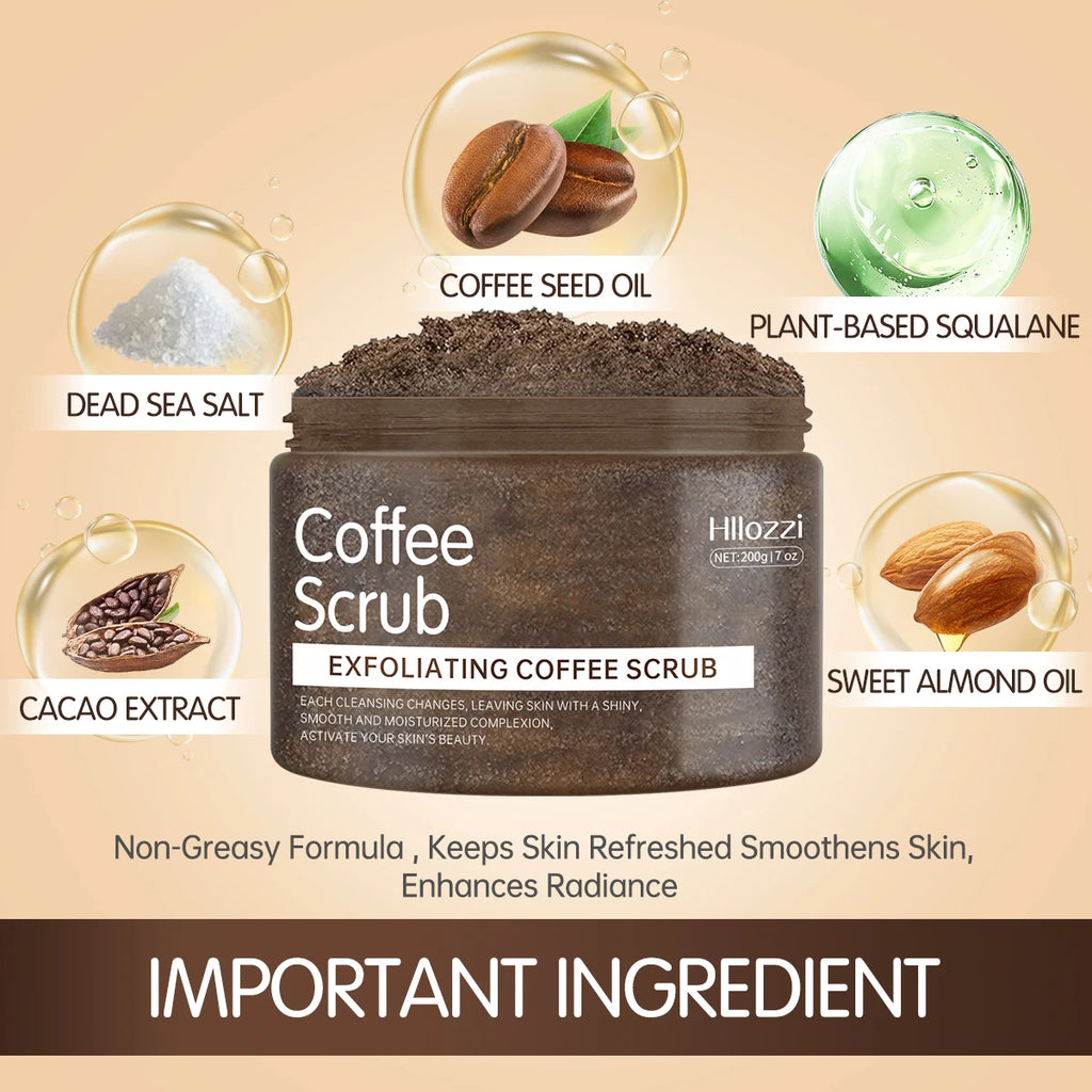 Hllozzi 200g coffee body scrub deep cleansing exfoliating cocoa plant squalane moisturizing