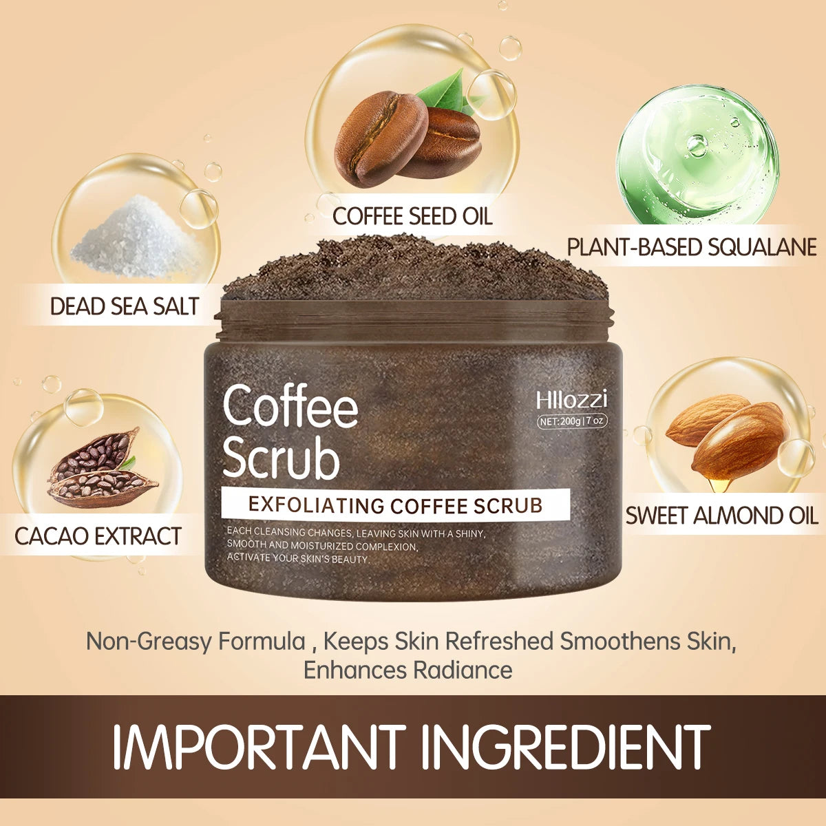Hllozzi 200g coffee body scrub deep cleansing exfoliating cocoa plant squalane moisturizing