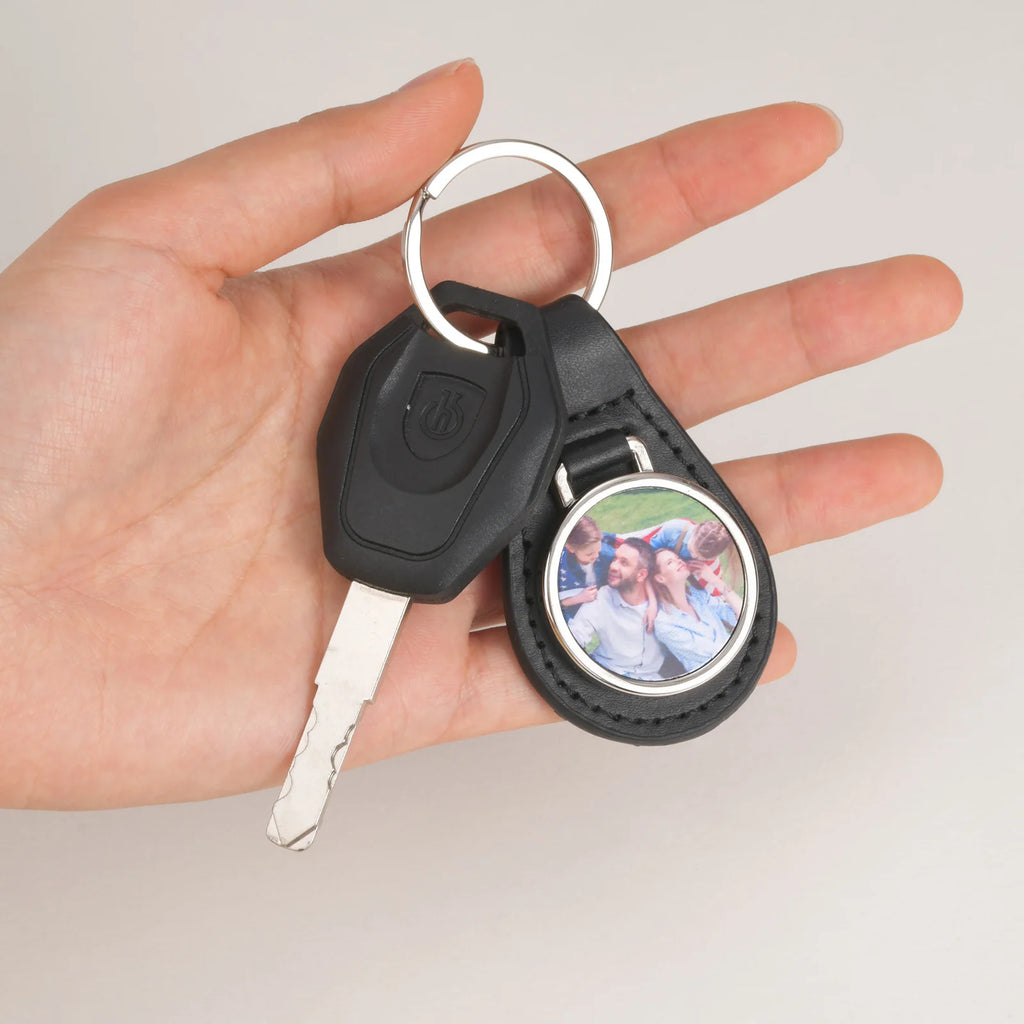 Vnox Custom Fathers Day Gift for Dad Grandpa, Black PU Leather Keychains with Custimized Photo Image Metal Plate Key Chain