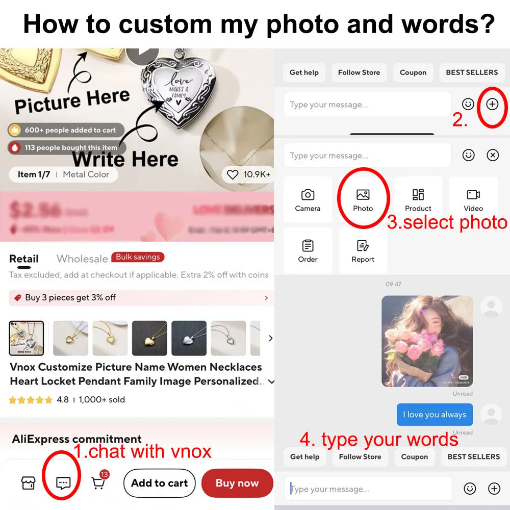 Vnox Customize Picture Name Women Necklaces Heart Locket Pendant Family Image Personalized Anniversary Gift