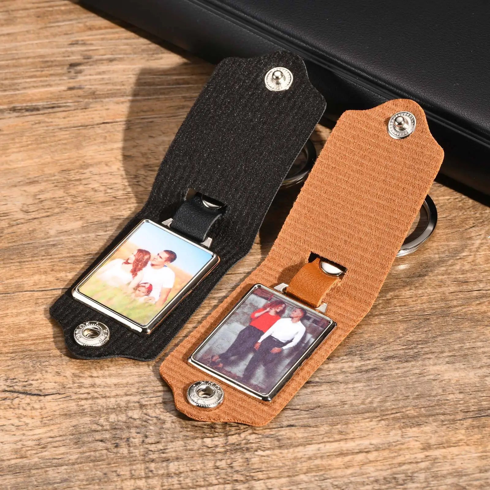 Vnox Custom Photo Keychains for Men,Black Brown PU Leather Key Chains,Image Picture Insert Keychains,Family Gift for Him Husband