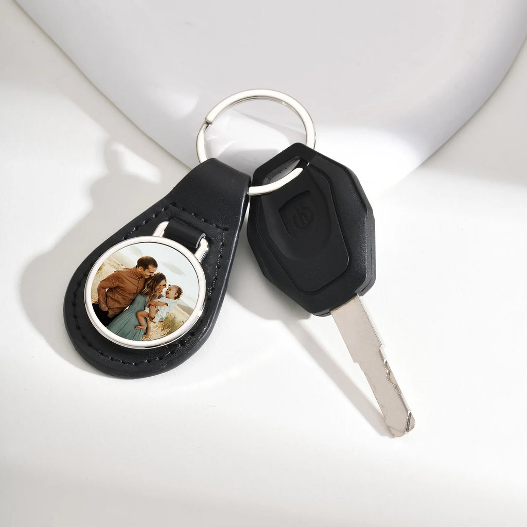 Vnox Custom Fathers Day Gift for Dad Grandpa, Black PU Leather Keychains with Custimized Photo Image Metal Plate Key Chain