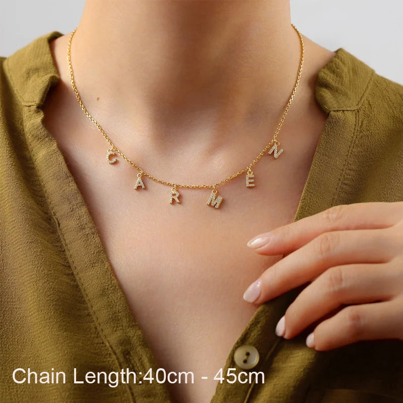 Customized Name With Initial Necklace for Women Mom, Charms Pave Letter Pendant, Stainless Steel Chain Link Adjustable