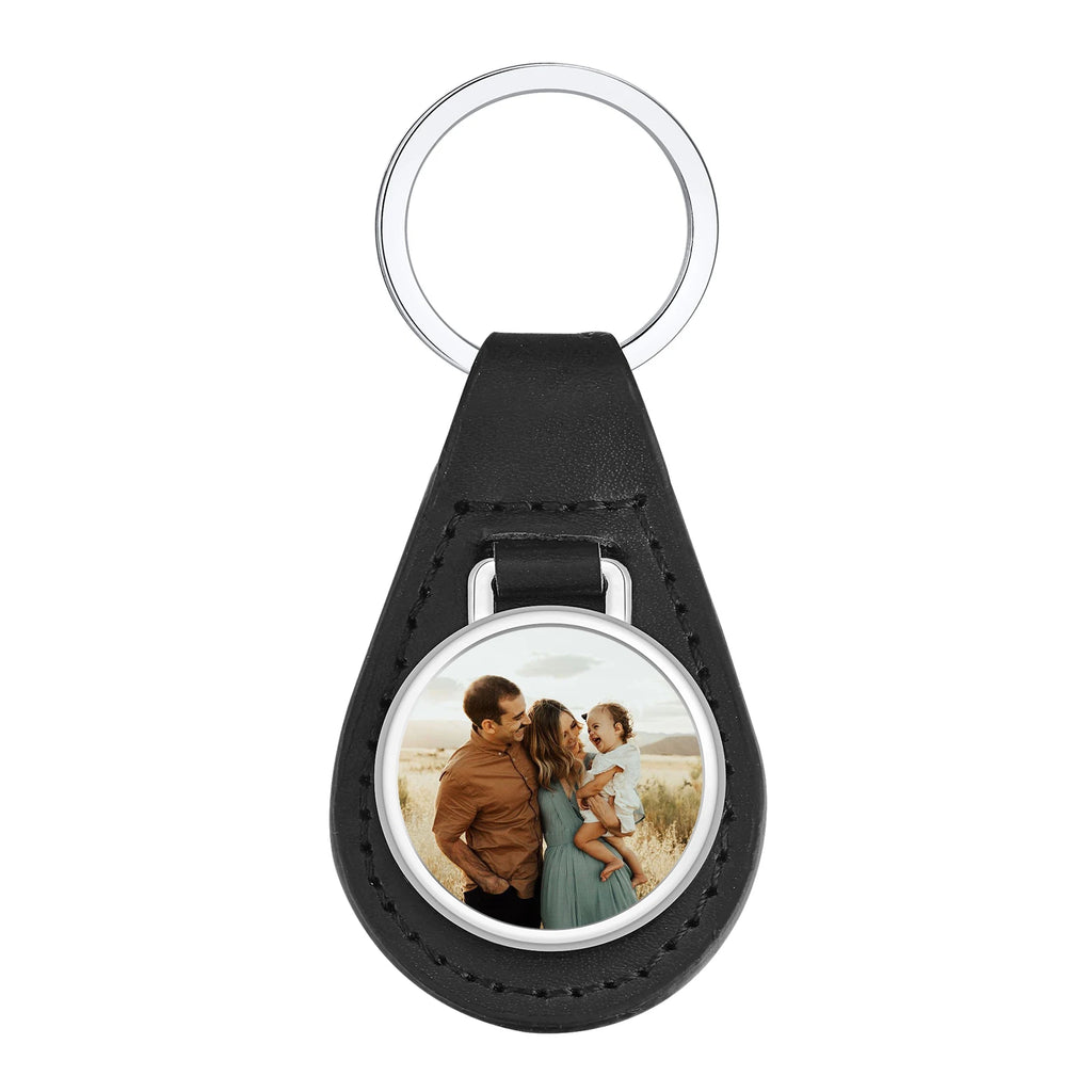Vnox Custom Fathers Day Gift for Dad Grandpa, Black PU Leather Keychains with Custimized Photo Image Metal Plate Key Chain