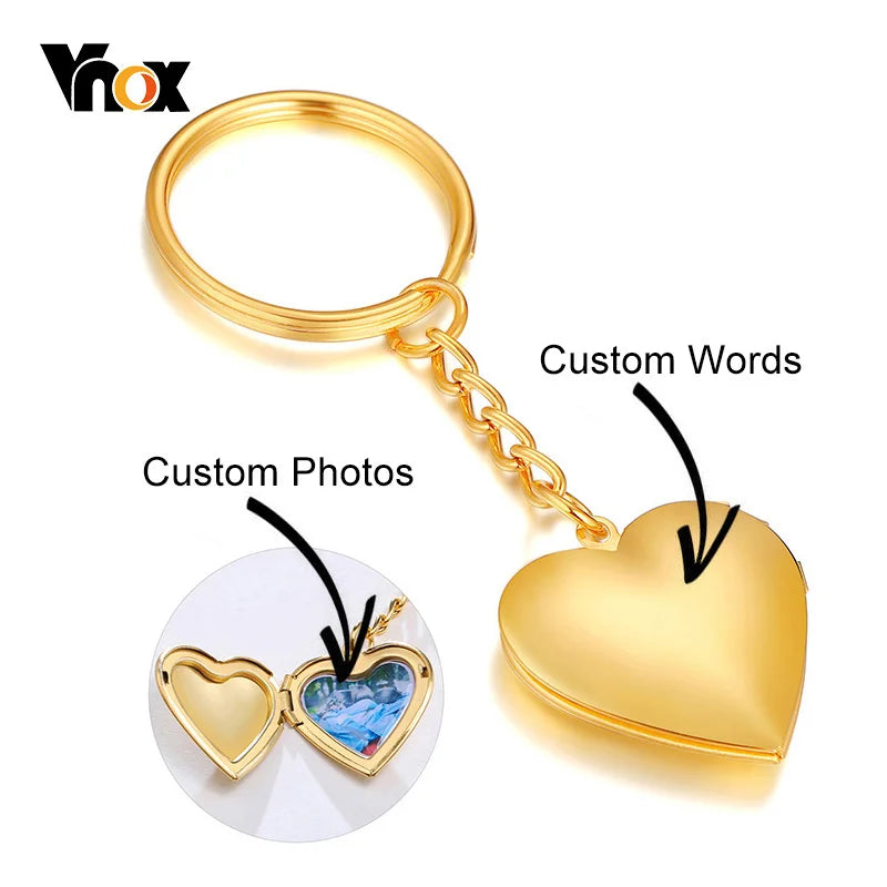 Vnox Personalize Engrave Name Heart Locket Key Chains for Women Men,Custom Family Love Photos Anniversary Keepsake Gifts