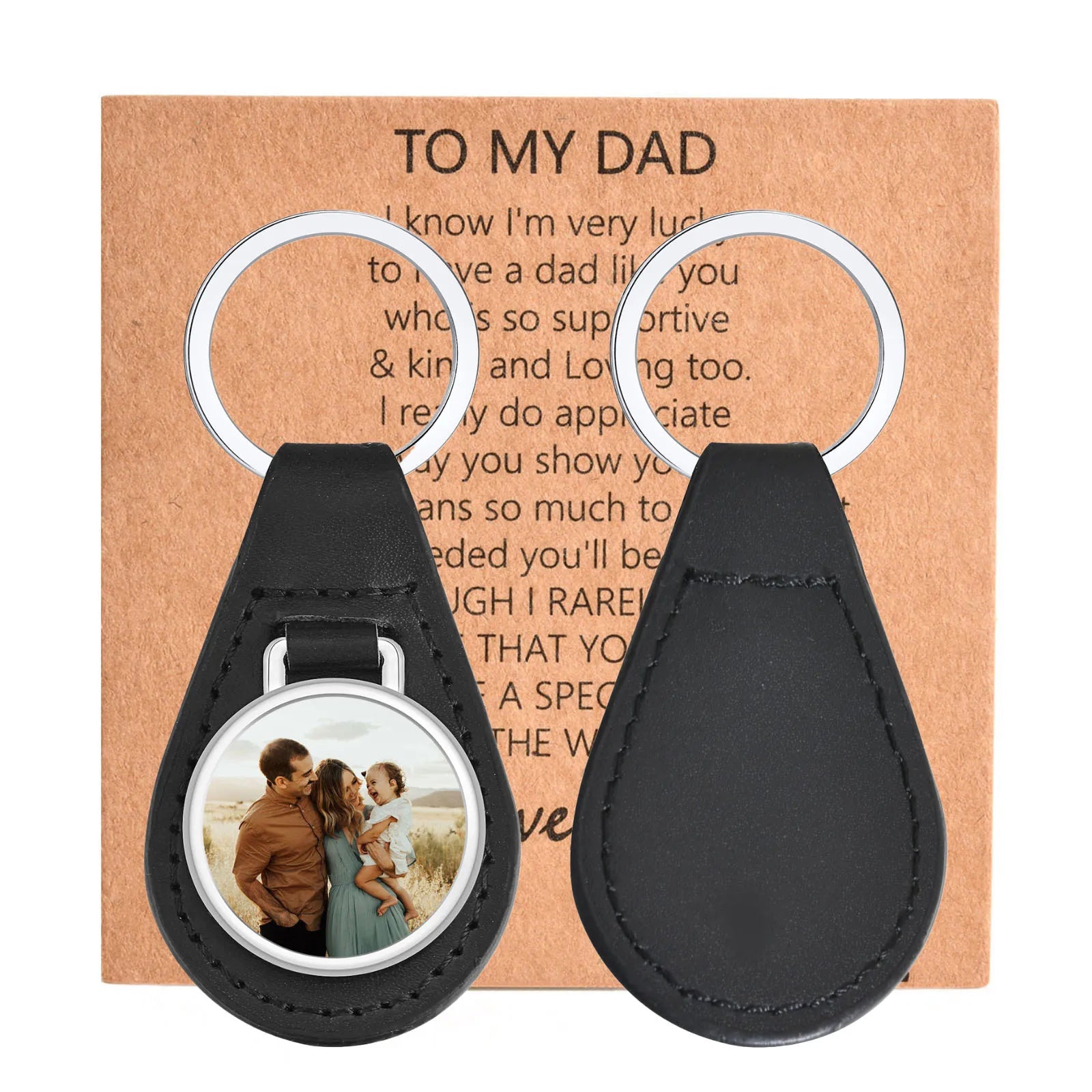 Vnox Custom Fathers Day Gift for Dad Grandpa, Black PU Leather Keychains with Custimized Photo Image Metal Plate Key Chain