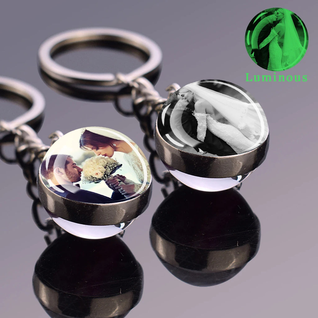 Customized Keychains Personalized Custom Photo Picture Glass Ball Double Sided Pendant Key Chain Luminous Keyring Jewelry Gift