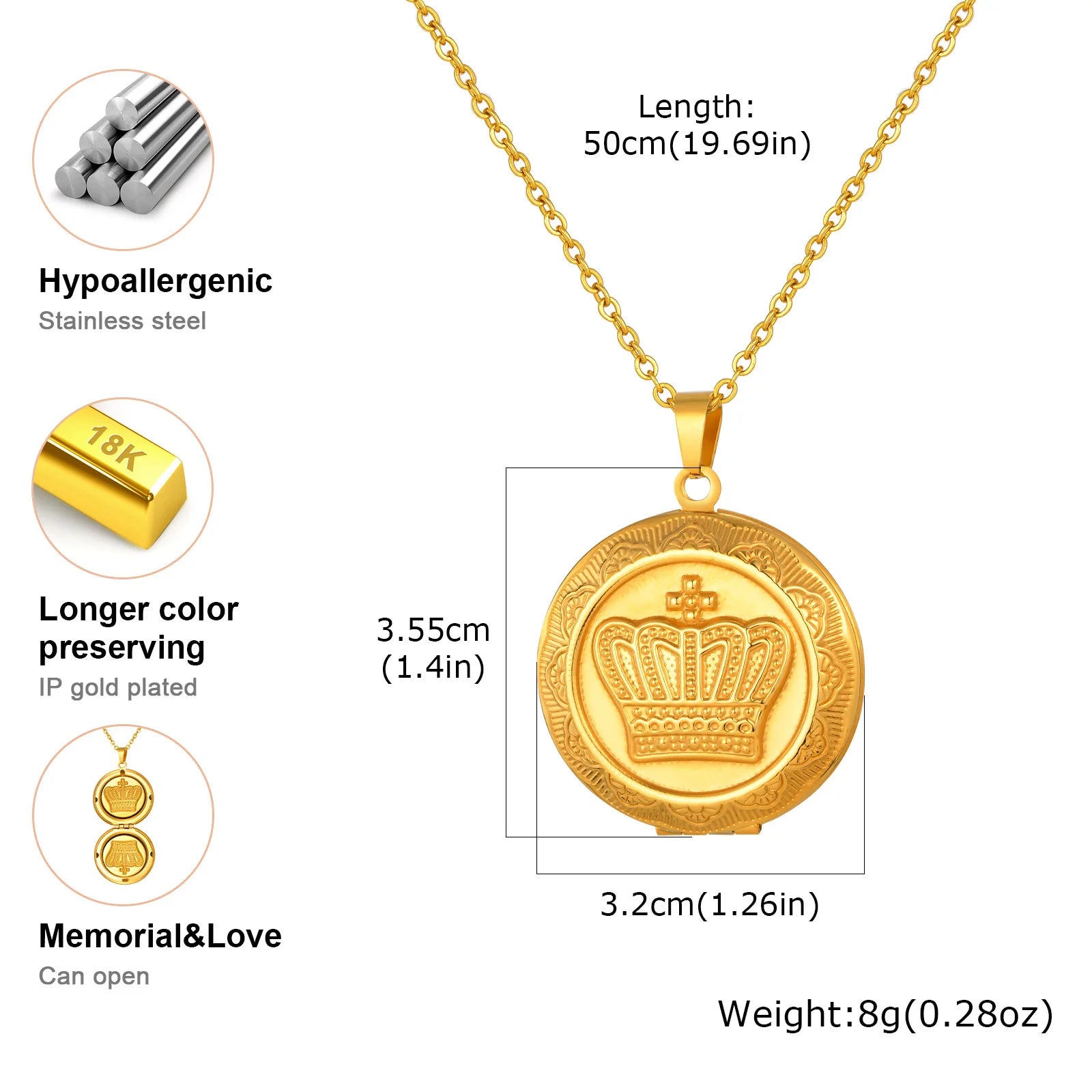 Vnox Free Custom Photo Crown Necklaces, Stainless Steel Round Holds Image Picture Pendant, Family Memorial Locket Jewelry Gifts