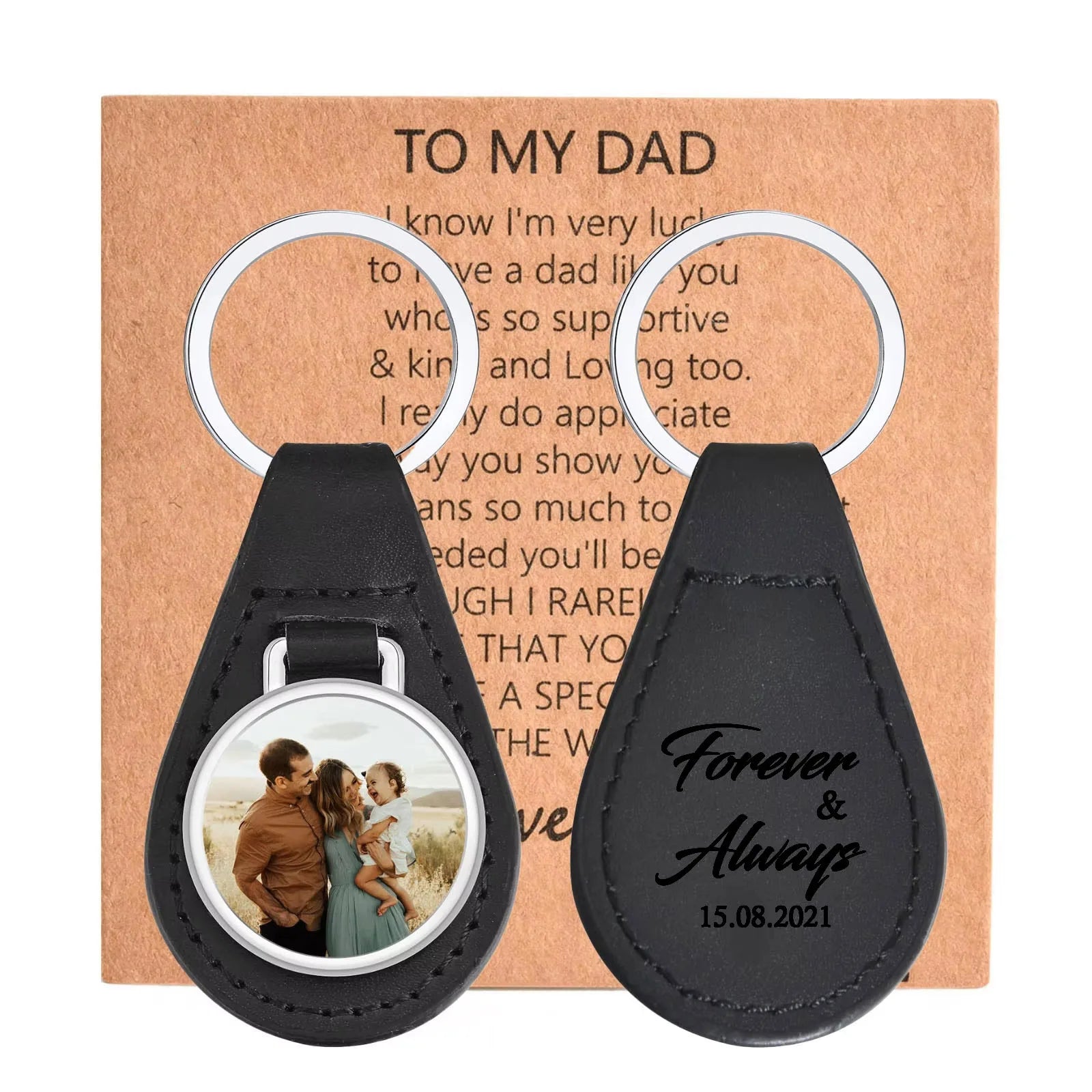 Vnox Custom Fathers Day Gift for Dad Grandpa, Black PU Leather Keychains with Custimized Photo Image Metal Plate Key Chain